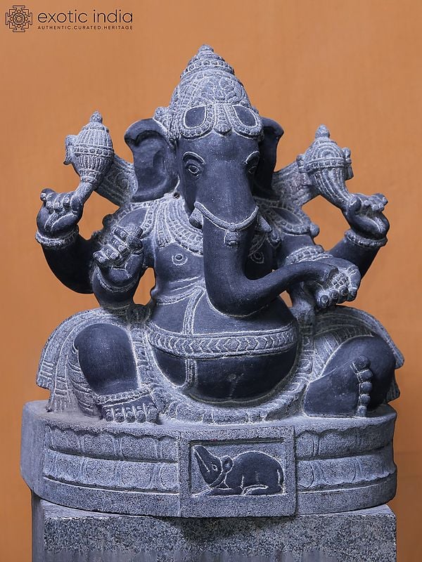 16" Lord Ganesha Seated On Stone Lotus Pedstal | Hand Carved | Granite Stone Statue