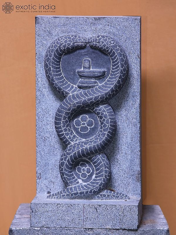 15" Two Snakes With Shiva Linga | Hand Carved | Granite Stone Statue