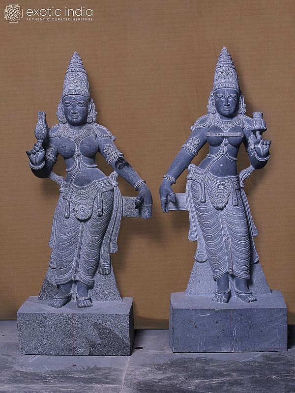 32" Pair of Sridevi and Bhudevi Idol | Hand Carved Granite Stone Statue