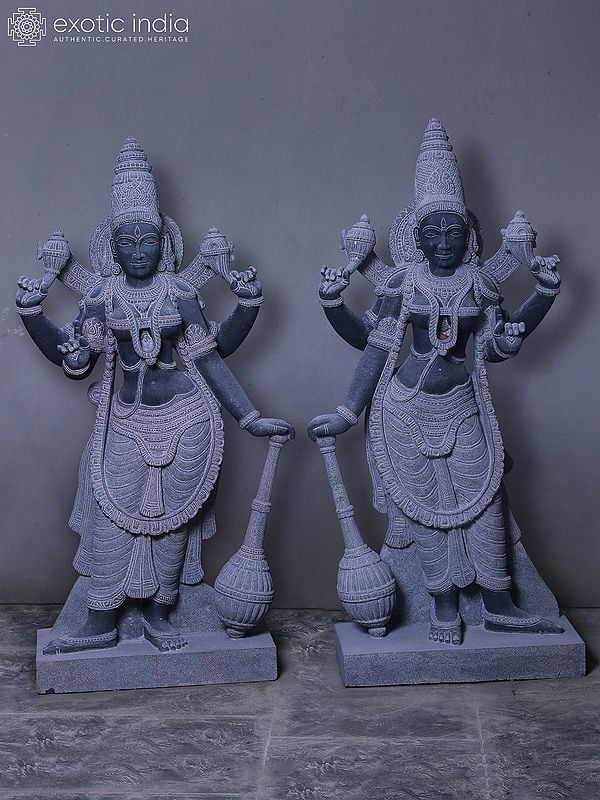 50" Pair Of Goddess Maheshwari Idol | Hand Carved | Granite Stone Statue