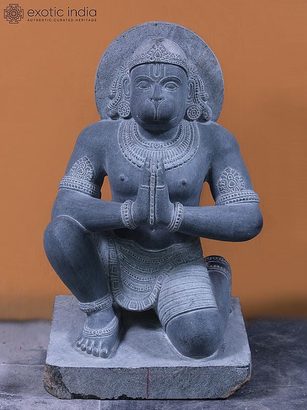 30" Large Seated Lord Hanuman in Namaskar Mudra | Stone Carved Granite Statue