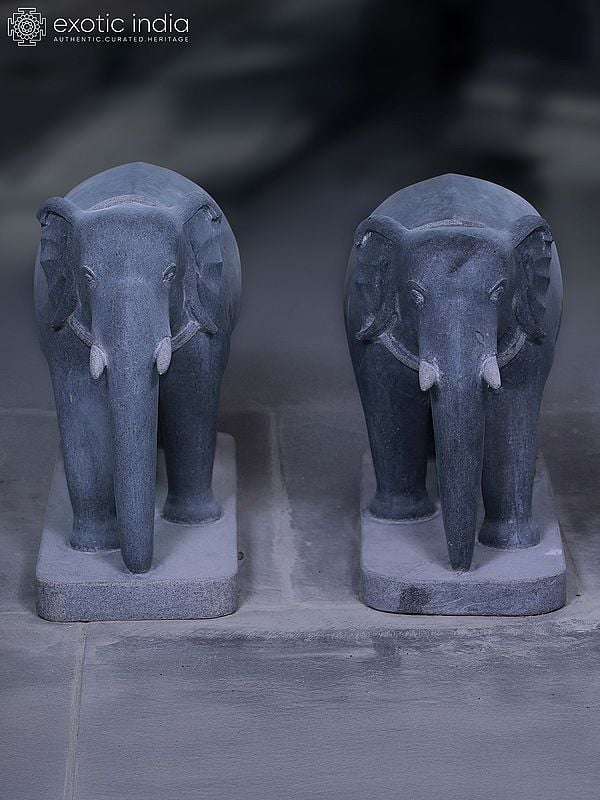 22" Pair Of Elephant Idol |  Stone Carved | Granite Stone Statue