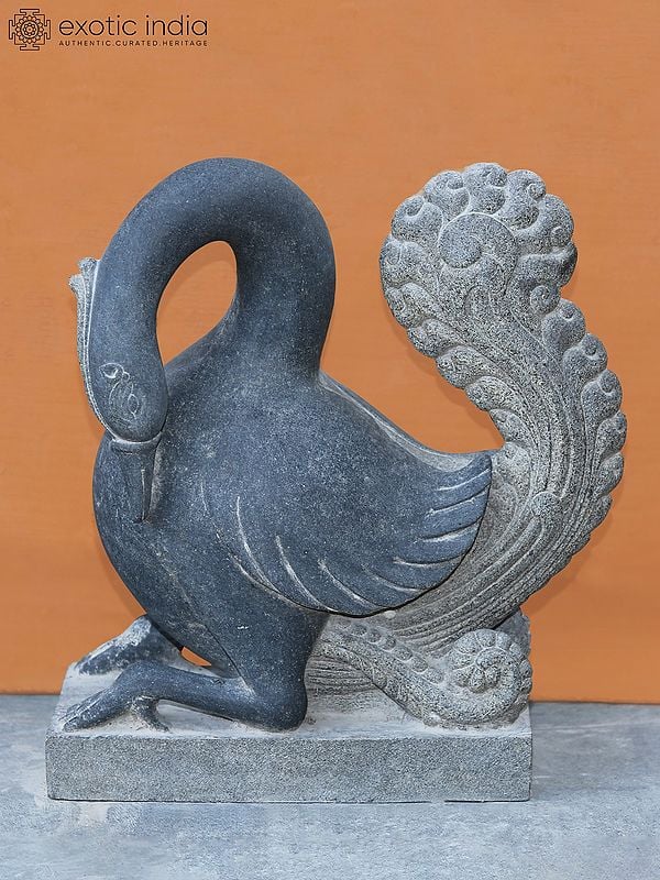 16" Peacock Idol In Stone | Hand Carved | Granite Stone Statue