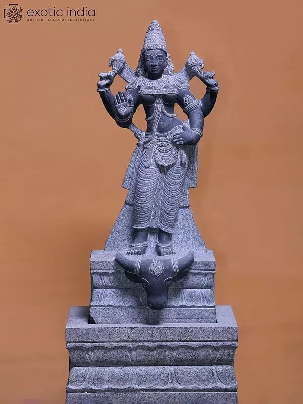 28" Standing Goddess Maheshwari Idol | Hand Carved | Granite Stone Statue