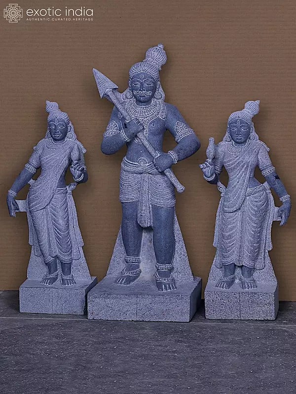 34" Madurai Veeran with Wives Bommi and Vellaiyamma | Hand Carved Granite Stone Statue