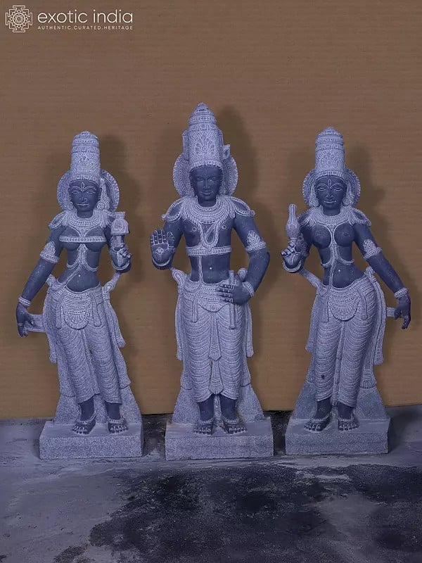 46" Lord Vishnu And Bhudevi & Sridevi | Hand Carved | Granite Stone Statue