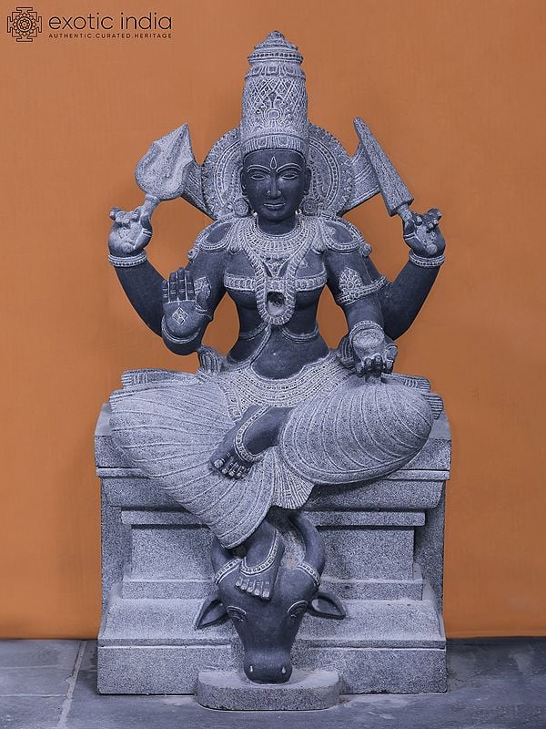 39" Goddess Umiya Seated On Pedstal | Stone Carved | Granite Stone Statue