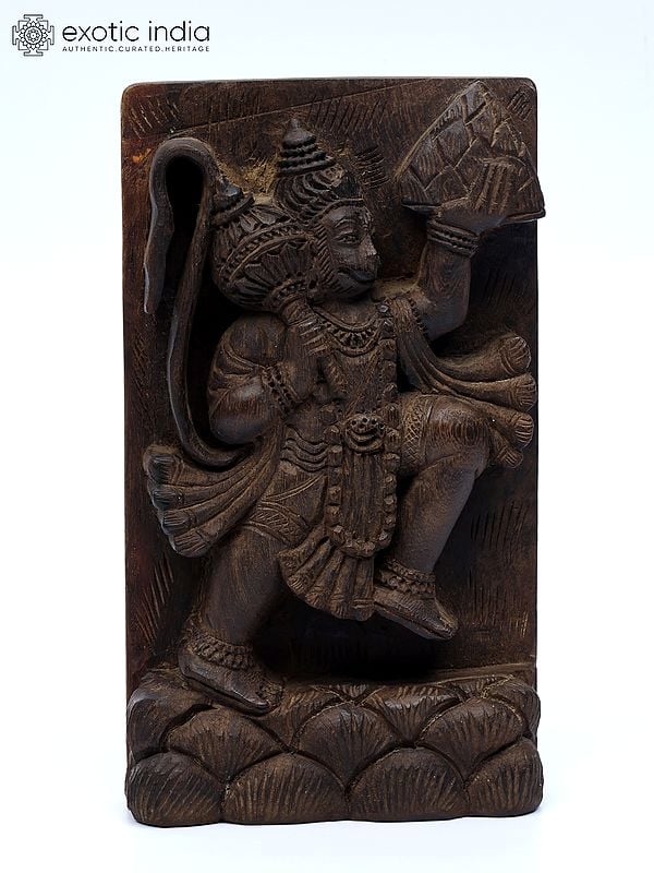 7" Lord Hanuman Carrying Sanjeevani | Wood Carved Statue