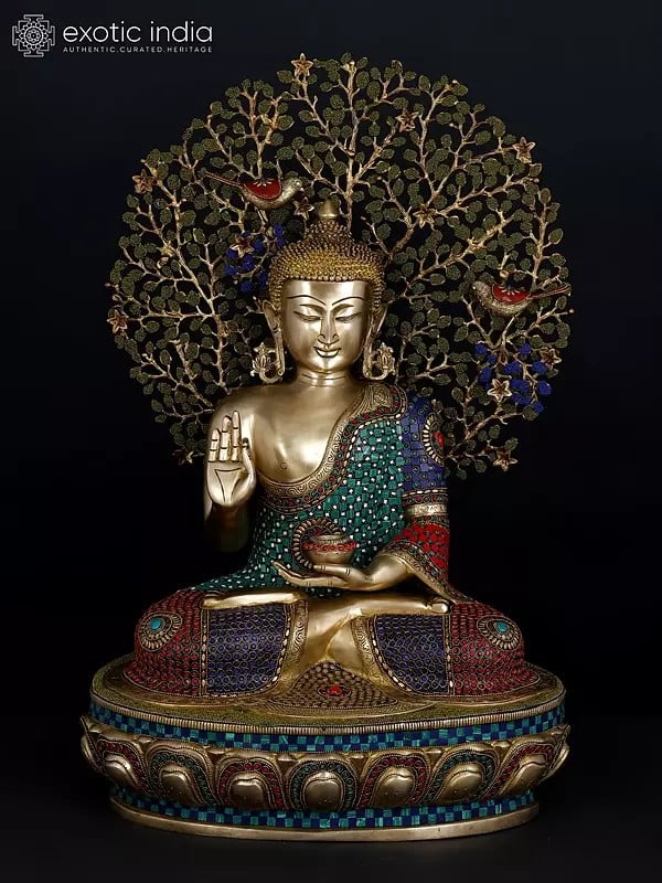 28" Lord Buddha in Vitark Mudra Seated Under The Bodhi Tree | Brass Statue with Inlay Work