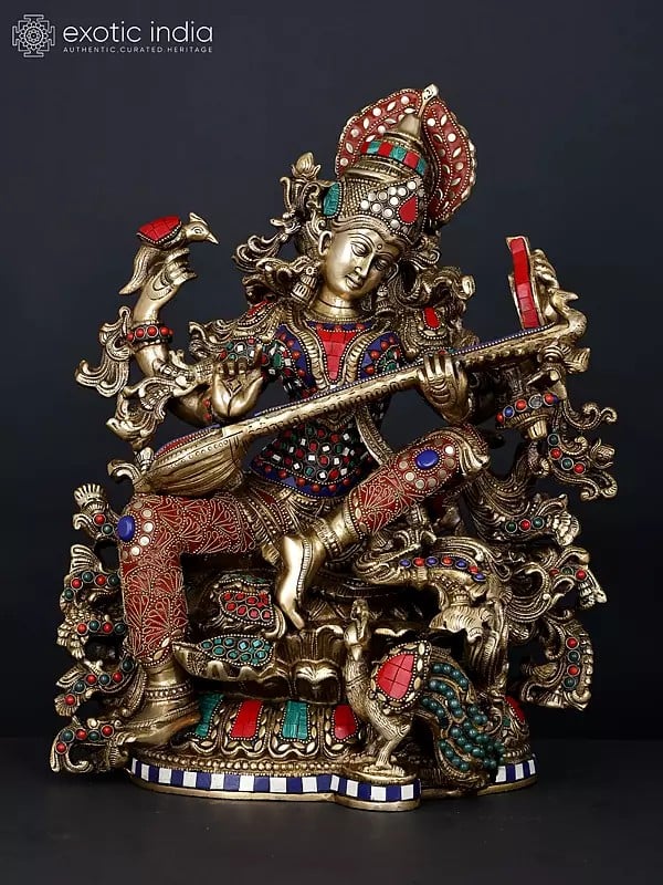 17" Four Armed Goddess Saraswati Playing Veena | Brass Statue with Inlay Work