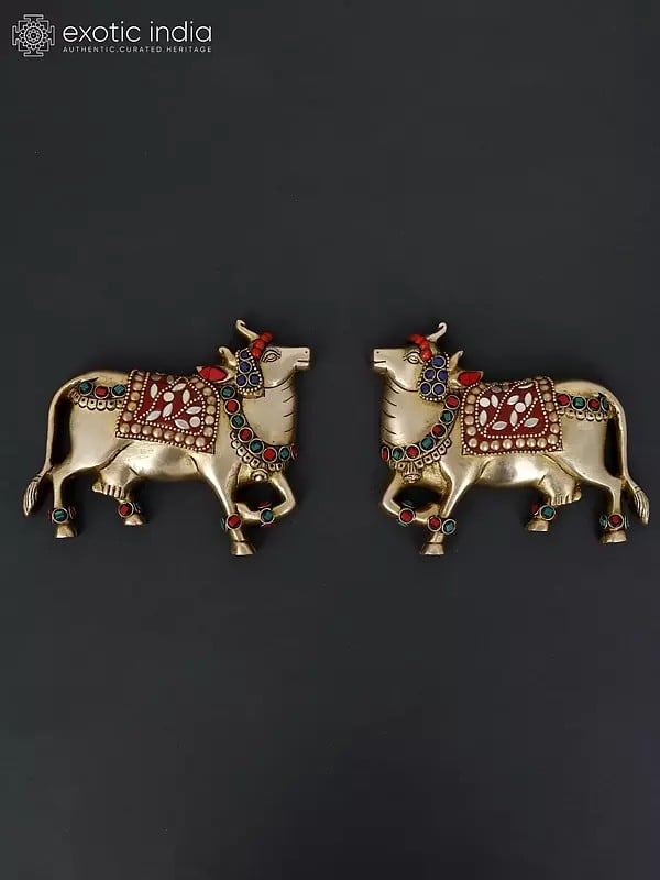 5" Small Pair of Kamadhenu Cow in Brass | Wall Decor