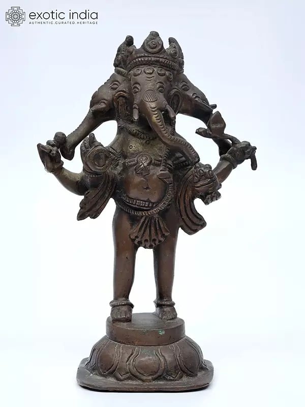 7" Three Headed Standing Lord Ganesha | Tribal Brass Statue