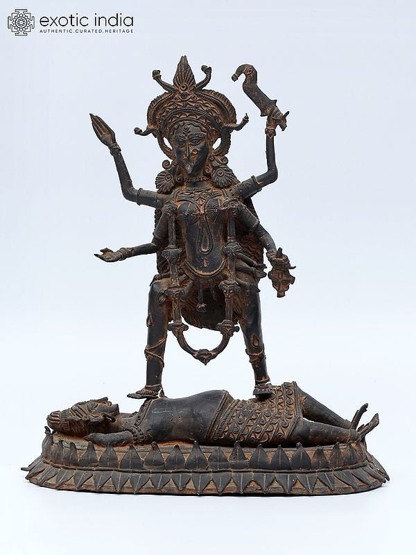 11" Goddess Kali Standing on Lord Shiva | Tribal Bronze Statue