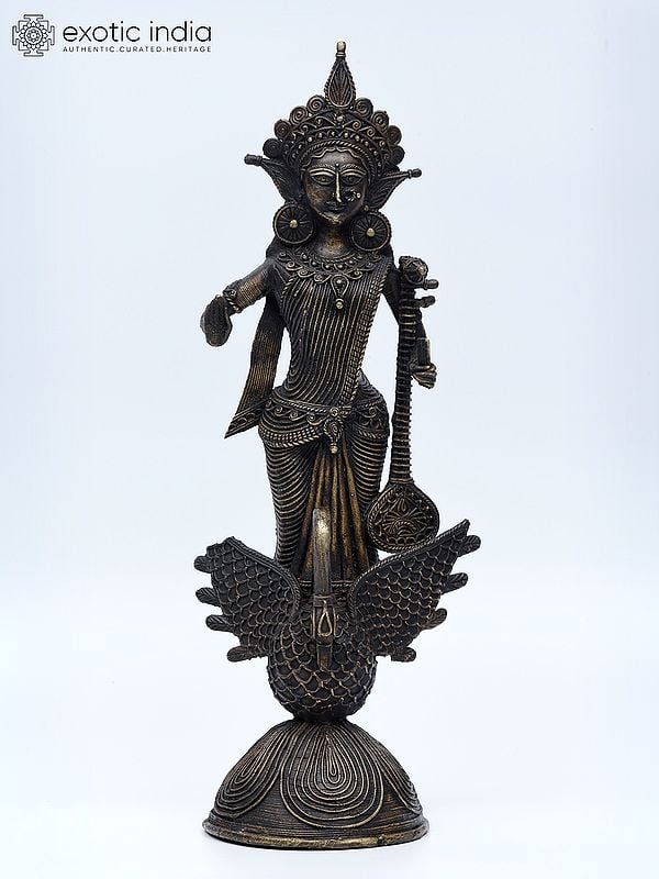 14" Goddess Saraswati Standing on Swan | Tribal Brass Statue