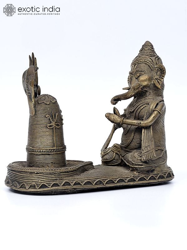 6" Lord Ganesha Worshipping Shiva Linga | Tribal Brass Statue