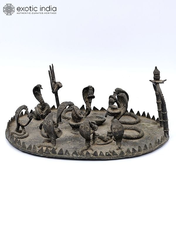 13" Snakes Worshipping Shiva Linga | Tribal Brass Statue