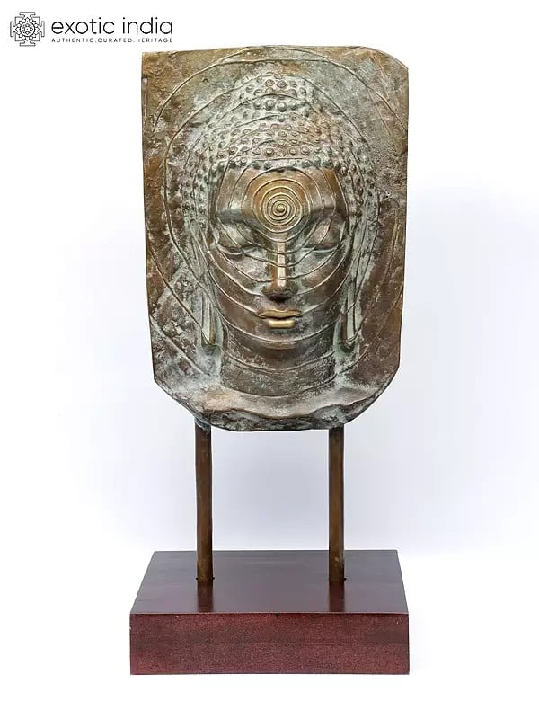 30" Bronze Meditating Buddha Head on Wood Base