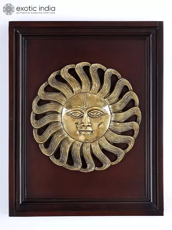 16" Wood Framed Surya Dev in Brass | Wall Hanging