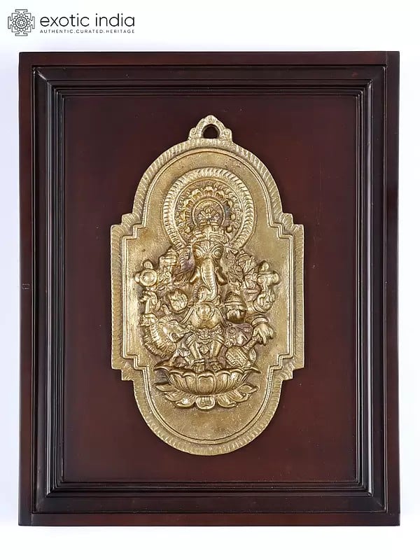 16" Brass Drishti Ganesha | Wood Framed Sculpture | Wall Hanging