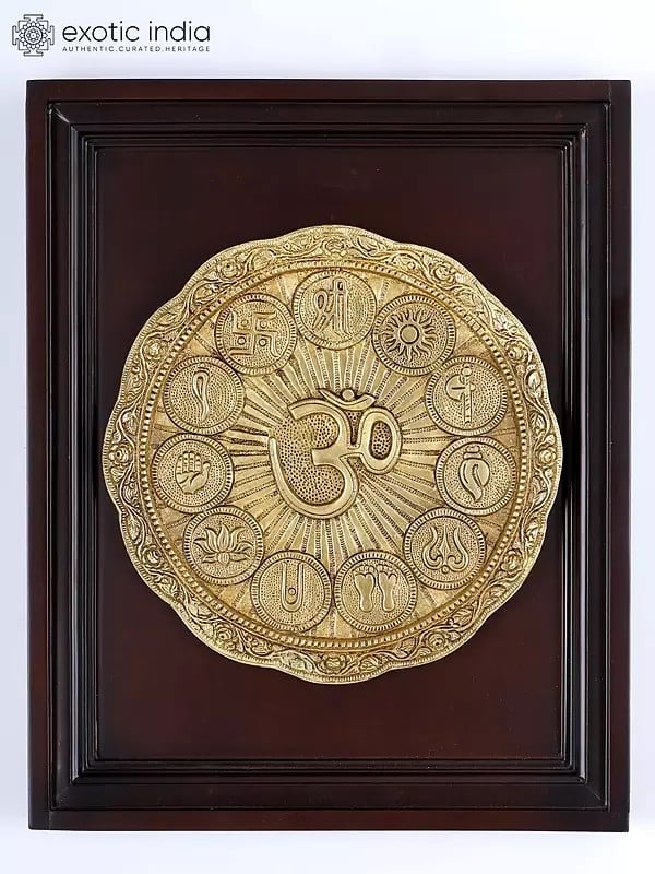 16" Brass Auspicious Symbols of Hinduism with Om | Wood Framed Sculpture | Wall Hanging