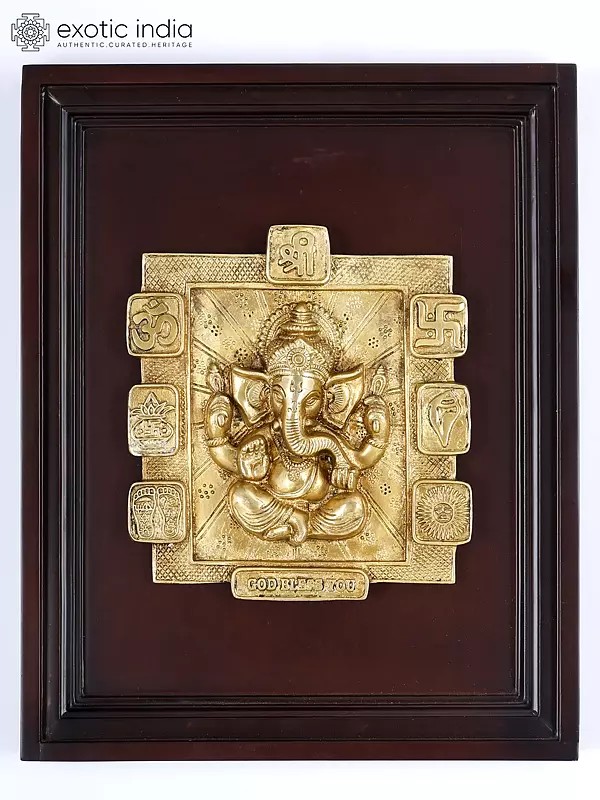 16" Blessing Ganesha with Auspicious Hindu Symbols in Brass | Wood Framed Sculpture | Wall Hanging