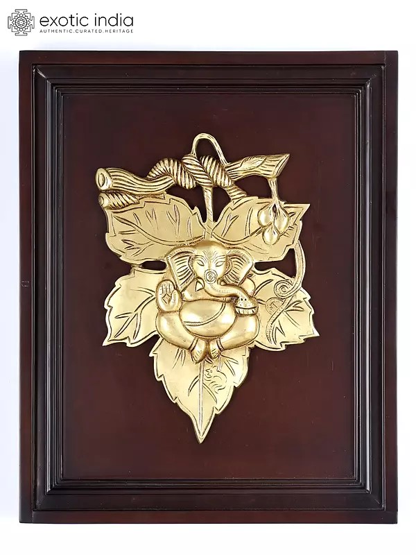 16" Brass Leaf Ganesha | Wood Framed Sculpture