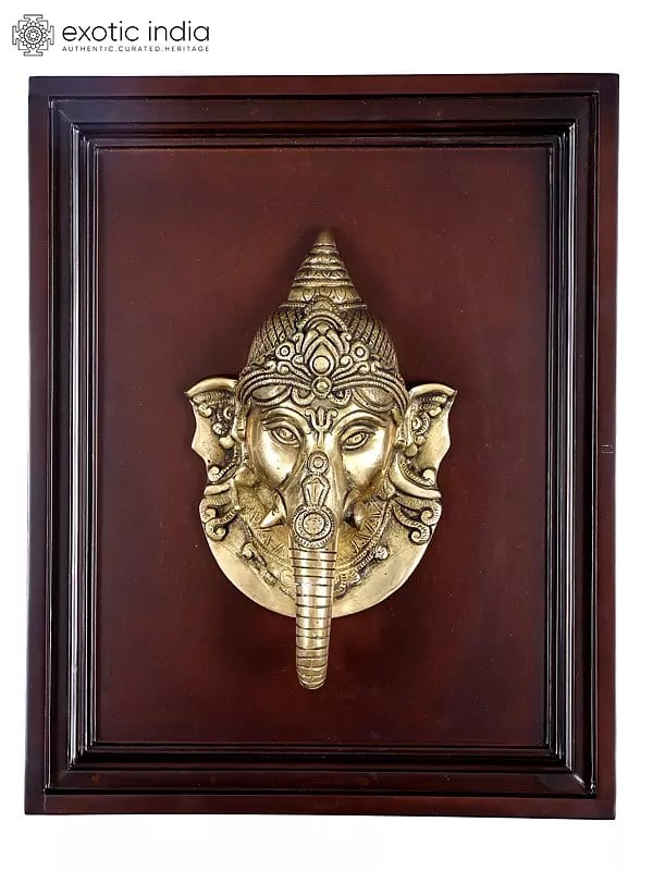 16" Lord Ganesha Face | Wood Framed Brass Sculpture | Wall Hanging