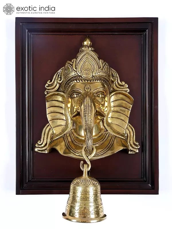 16" Lord Ganesha Mask with Engraved Bell | Wood Framed Brass Sculpture | Wall Hanging