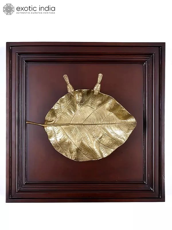 20" Wood Framed Pipal Leaf Tray (Urli) in Brass | Wall Hanging