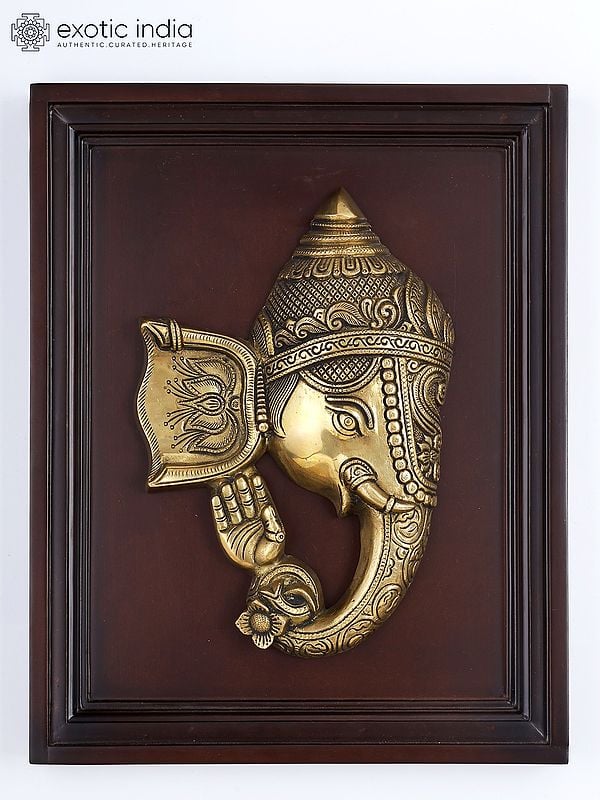 16" Stylized Blessing Ganesha | Wood Framed Brass Sculpture | Wall Hanging