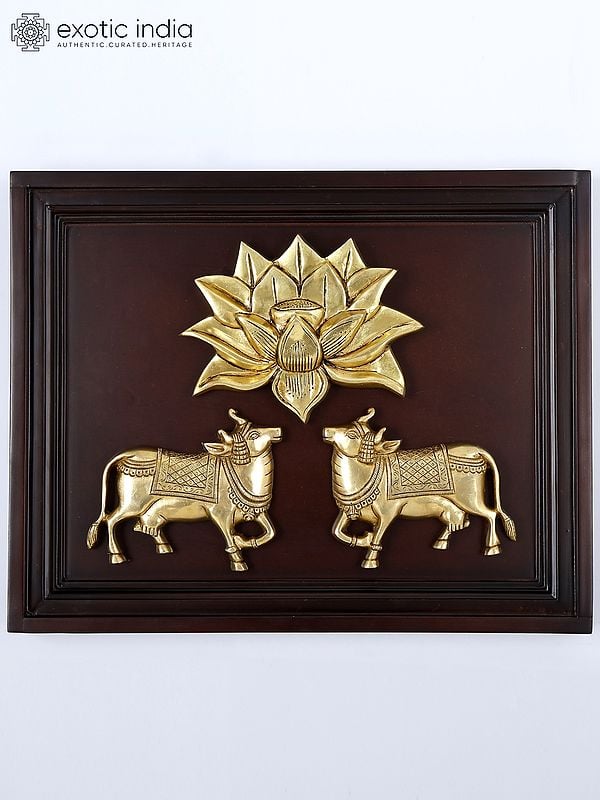 16" Wood Framed Brass Pair of Kamadhenu Cow with Lotus | Wall Hanging