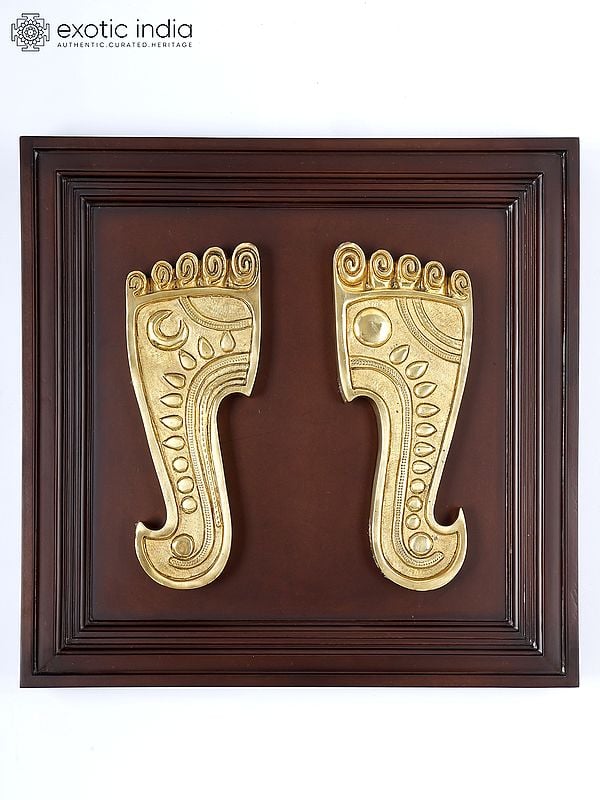 20" Wood Framed Charan Paduka with Sun and Moon Figures in Brass | Wall Hanging