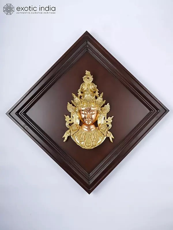 24" Superbly Detailed Green Tara Mask | Wood Framed Brass Sculpture | Wall Hanging