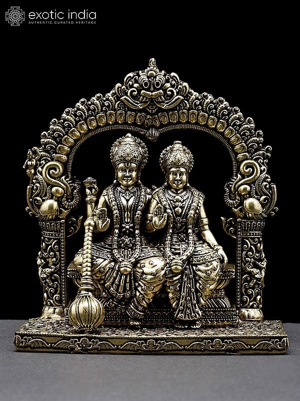 4" Small Superfine Lakshmi - Narayan Seated in Blessing Gesture with Kirtimukha Prabhavali | Brass Statue