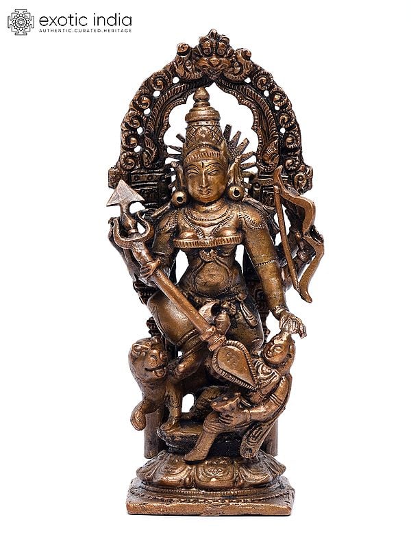 6" Goddess Mahishasuramardini (Durga) with Kirtimukha Arch | Copper Statue