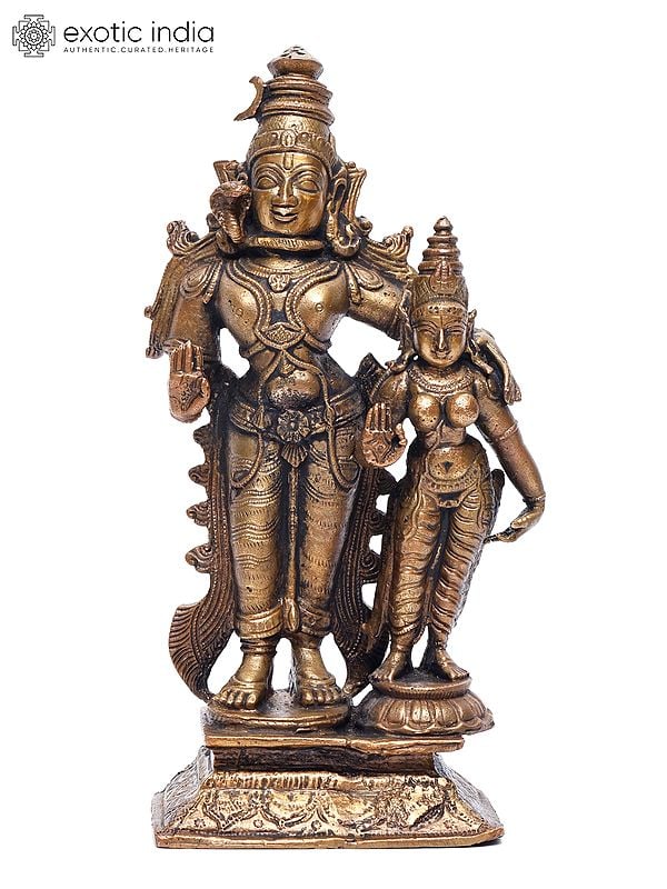 7" Standing Shiva-Parvati in Blessing Gesture | Copper Statue