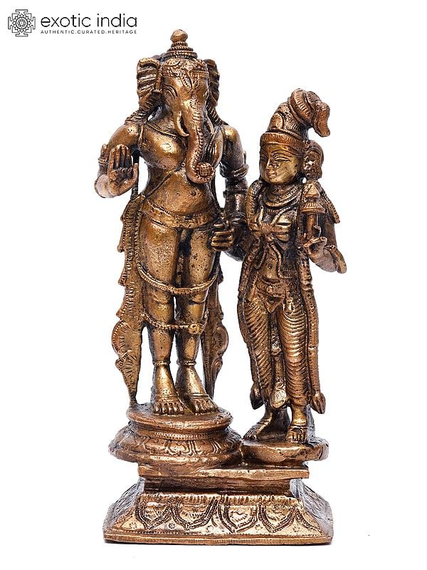 6" Small Standing Lord Ganesha with Devi Lakshmi | Copper Statue