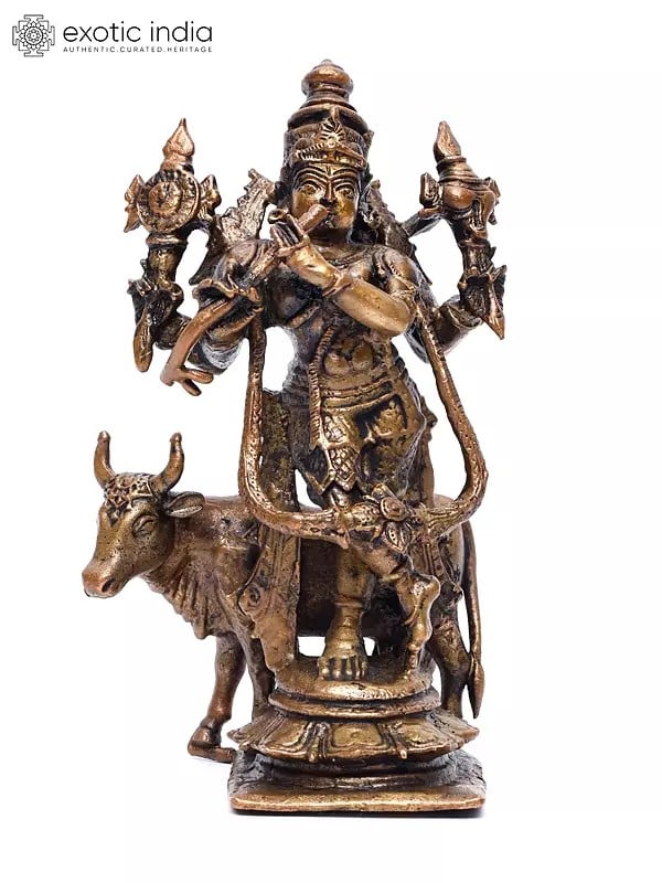 5" Small Venugopal Krishna with Cow | Copper Statue