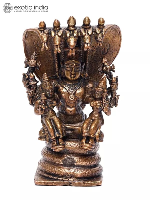 5" Small Lord Vishnu Seated on Serpent with Sridevi and Bhudevi | Copper Statue