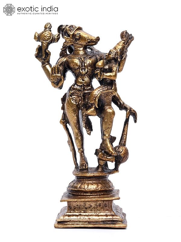 5" Small Lord Varaha with Devi Lakshmi | Copper Statue