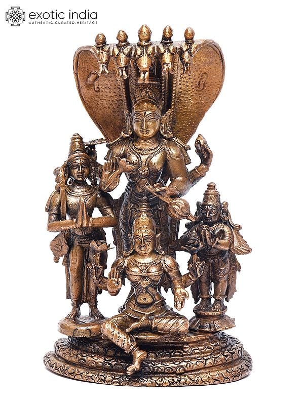 7" Standing Lord Vishnu with Devi Lakshmi, Gaurda and Narada Muni | Copper Statue