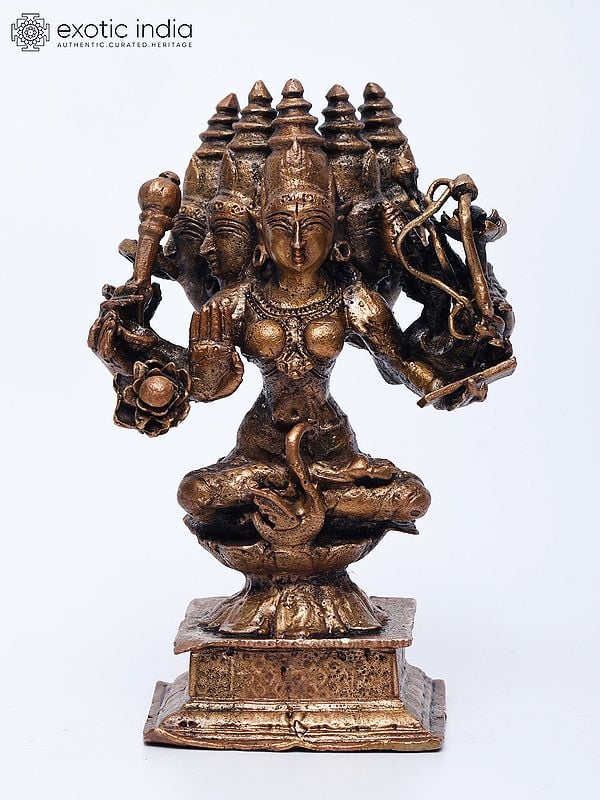 4" Small Five Headed Goddess Gayatri | Copper Statue