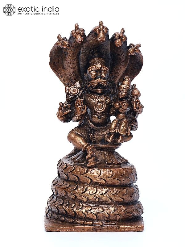 5" Small Lord Narasimha Seated on Serpent Throne with Devi Lakshmi | Copper Statue