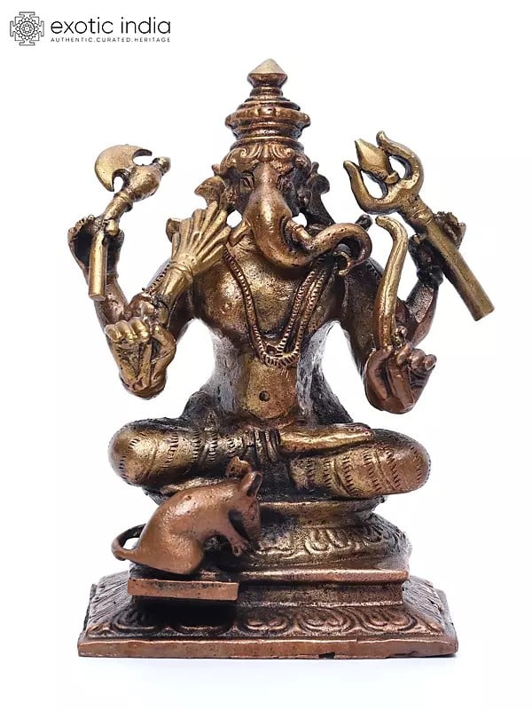 4" Small Sitting Lord Ganapati with Mushak | Copper Statue