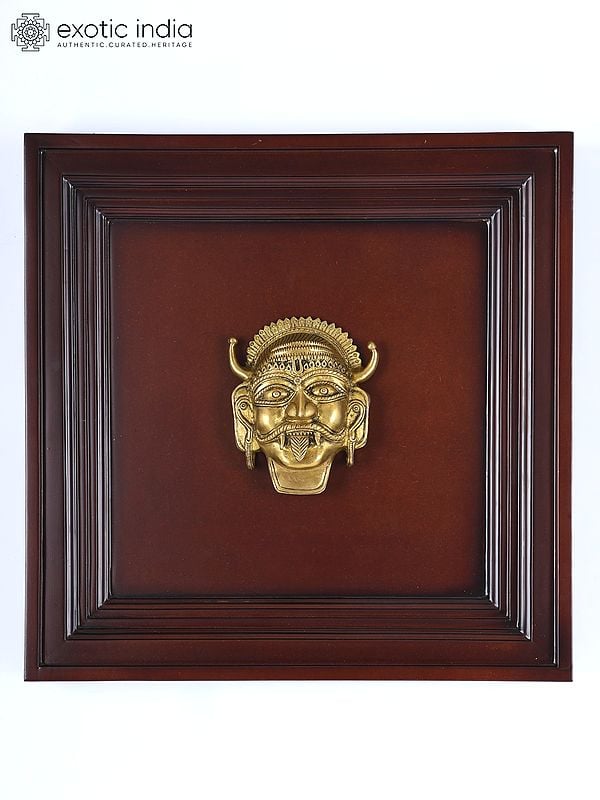 16" Brass Wall Hanging Bhairava Mask | Wood Framed Sculpture