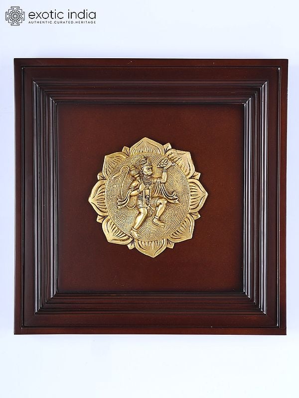 16" Sanjeevani Hanuman | Wood Framed Brass Sculpture | Wall Hanging