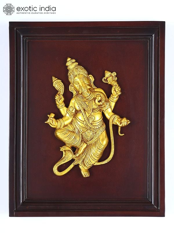 16" Wood Framed Brass Ganesha with Serpent | Wall Hanging