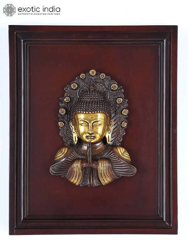 16" Namaste Buddha | Wood Framed Brass Sculpture | Wall Hanging