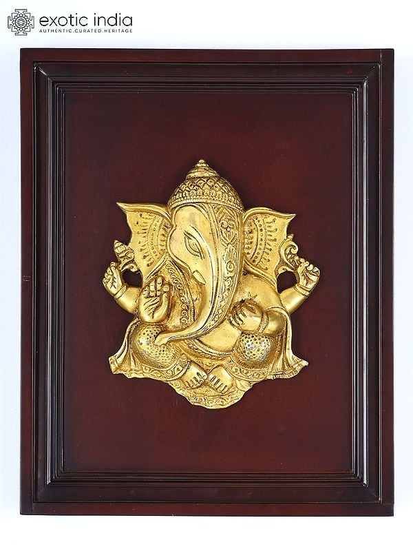 16" Wood Framed Lord Ganesha Wall Hanging Statue in Brass