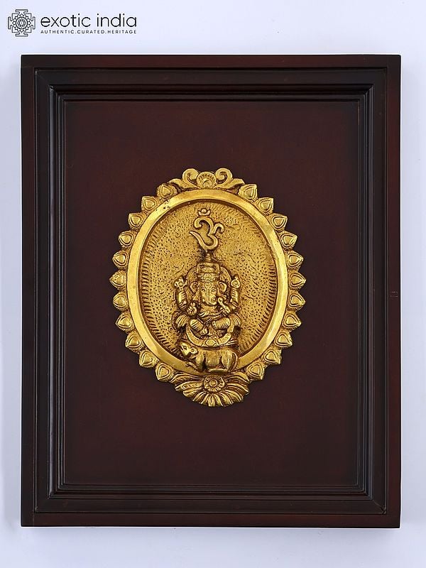 16" Brass Lord Ganesha Wall Hanging Plate | Wood Framed Sculpture